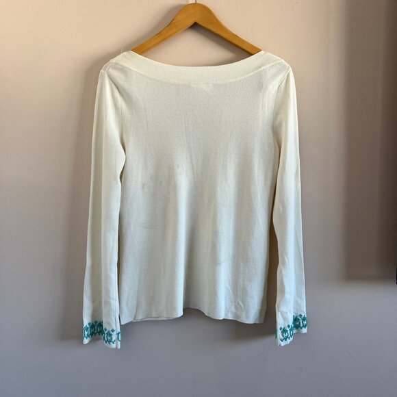 Ann Taylor LOFT | NWT White Long Sleeve Top with Turquoise Embroidery - Picture 5 of 6